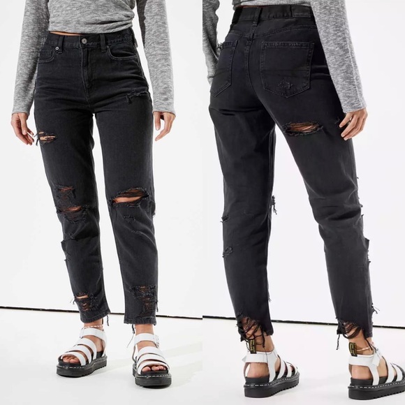 American Eagle Outfitters Denim - American Eagle Ripped Mom Jeans Rocker Black Distressed Size 4